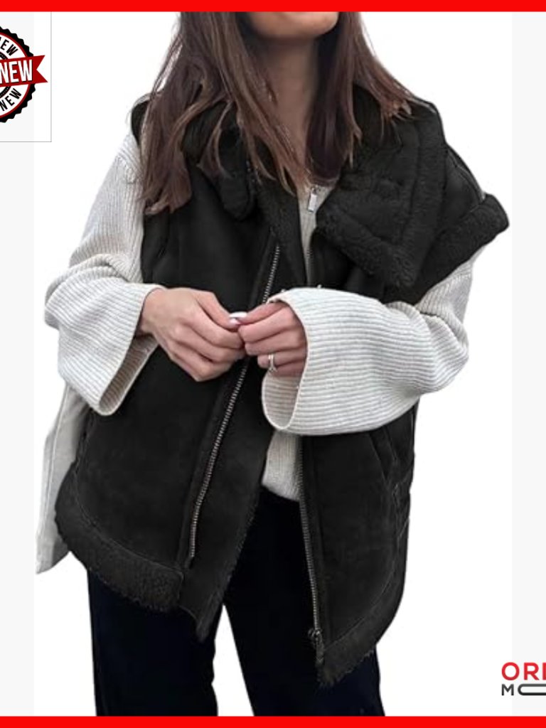 Women's Sherpa Lined Suede Vest Jacket Sleeveless Zip Front Faux Fur